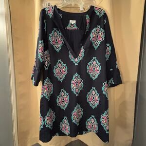 Crown and Ivy Navy Sheath Dress Size 14 3/4 Ruffle Sleeve Pull Over Button Front